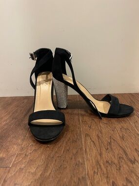 BAMBOO Black Suede Open-Toe Ankle-Strap Heels with Rhinestone Block Heel